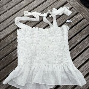 White Smocked Ruffle Tie Front Tank Top